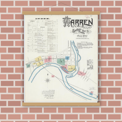 Old map wall art mockup — magnetic wood frame on brick wall — Sanborn Fire Insurance Map from Warren, Warren County, Pennsylvania (1892), Sheet #0001
