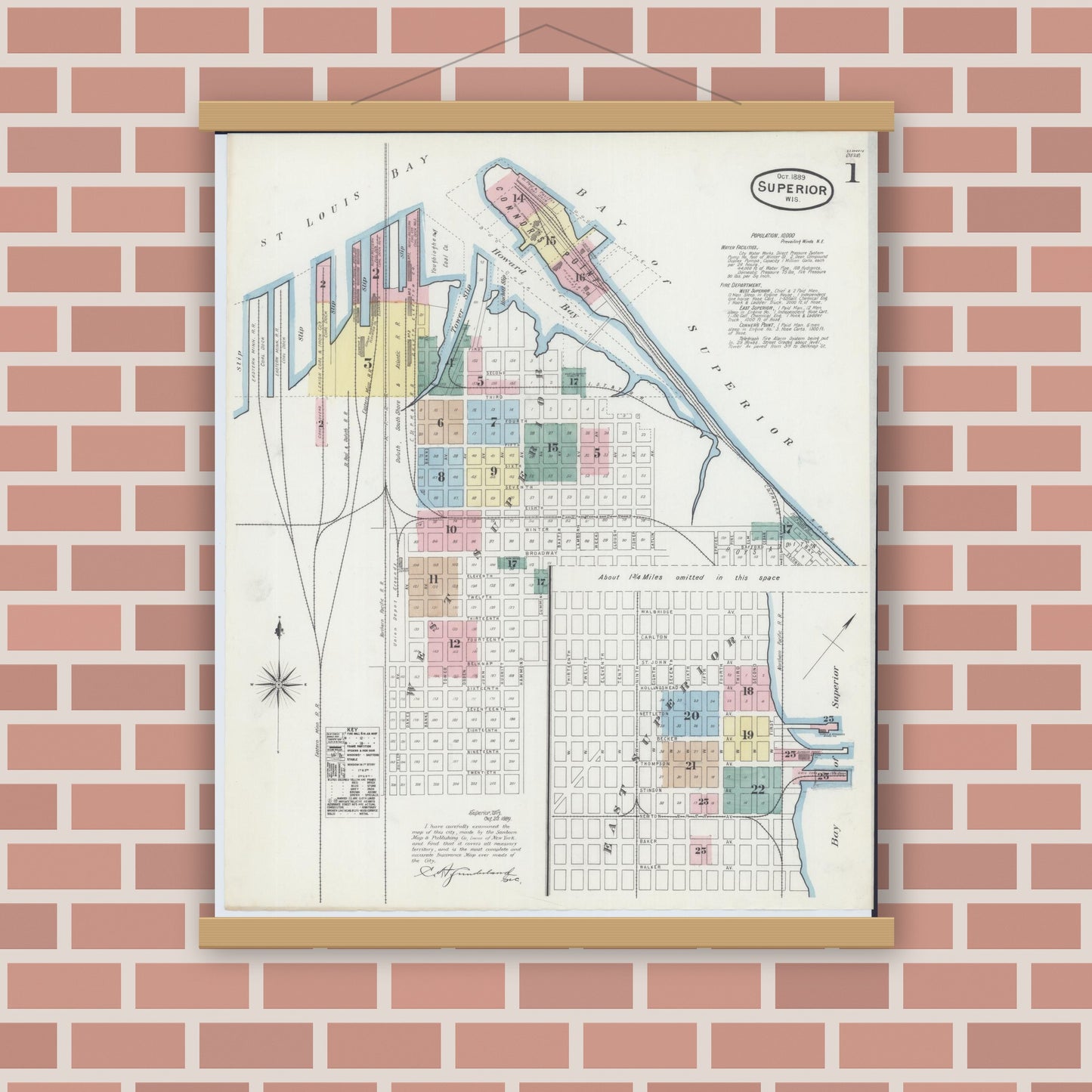 Old map wall art mockup — magnetic wood frame on brick wall — Sanborn Fire Insurance Map from Superior, Douglas County, Wisconsin (1889), Sheet #0001