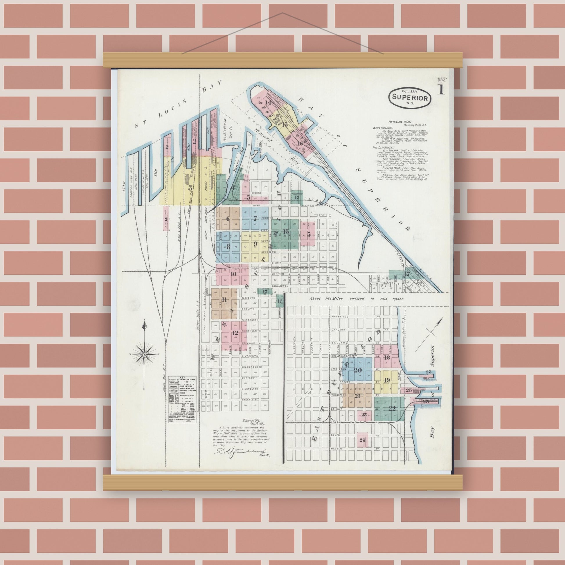 Old map wall art mockup — magnetic wood frame on brick wall — Sanborn Fire Insurance Map from Superior, Douglas County, Wisconsin (1889), Sheet #0001