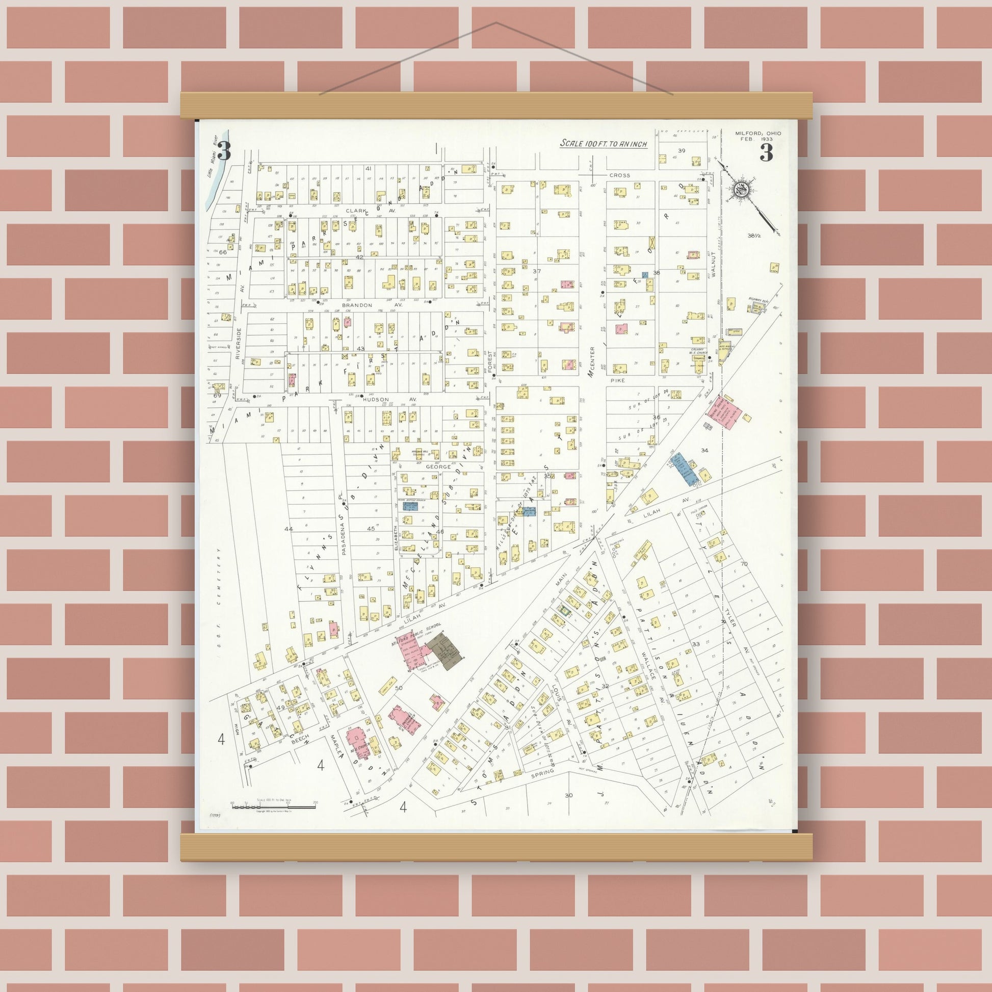 Old map wall art mockup — magnetic wood frame on brick wall — Sanborn Fire Insurance Map from Milford, Clermont And Hamilton County, Ohio (1933), Sheet #0003