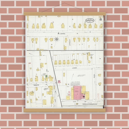 Old map wall art mockup — magnetic wood frame on brick wall — Sanborn Fire Insurance Map from Moorestown, Burlington County, New Jersey (1905), Sheet #0008