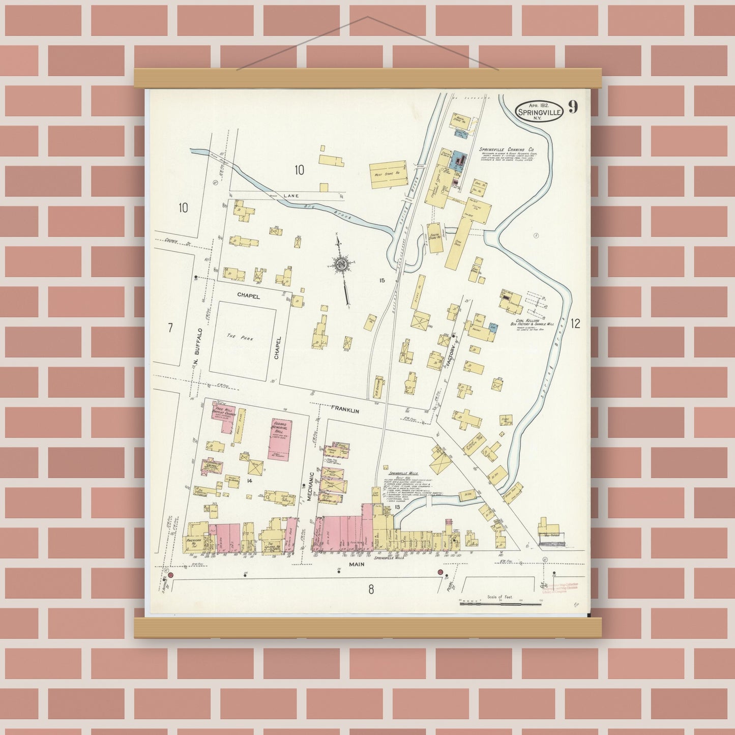 Old map wall art mockup — magnetic wood frame on brick wall — Sanborn Fire Insurance Map from Springville, Erie County, New York (1912), Sheet #0009
