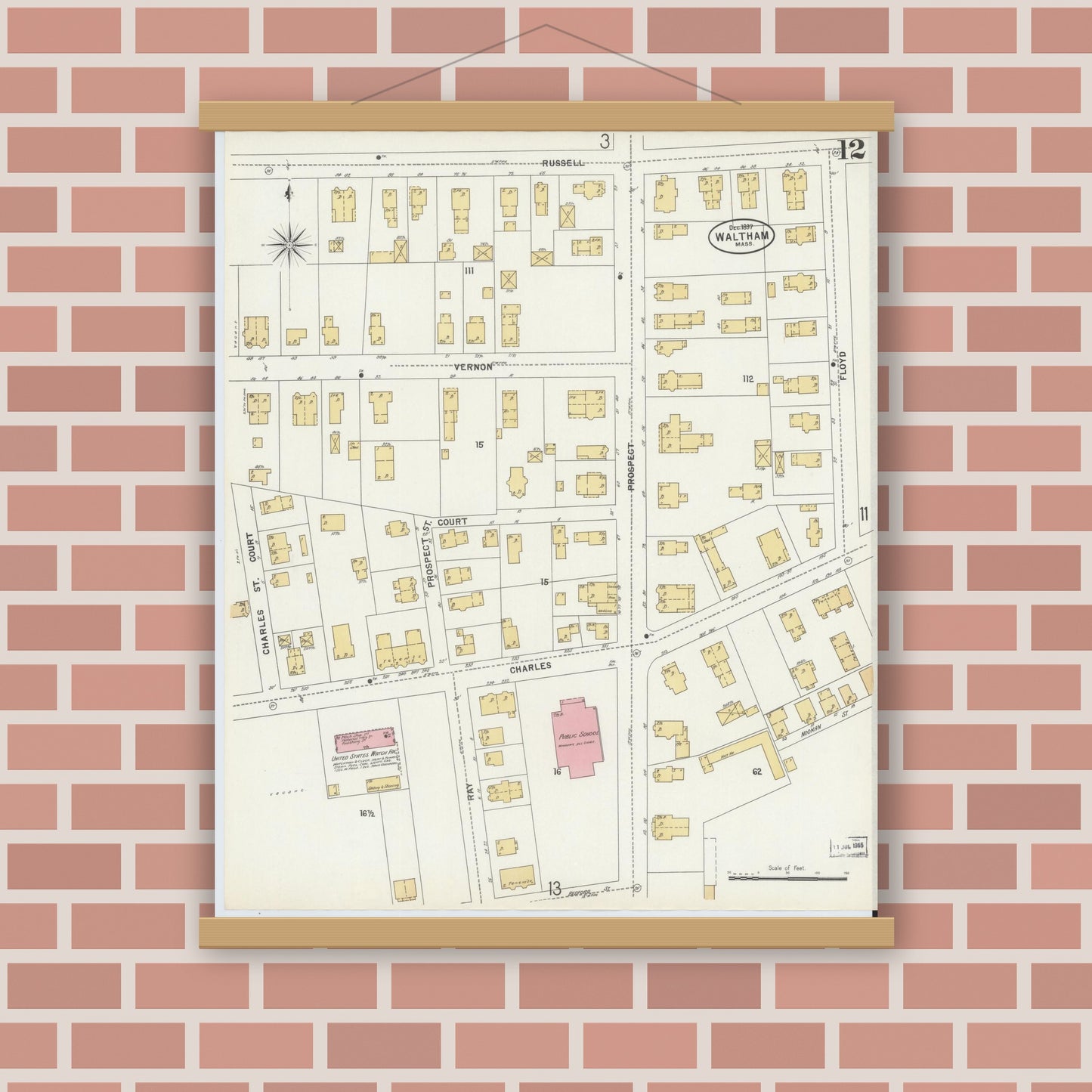 Old map wall art mockup — magnetic wood frame on brick wall — Sanborn Fire Insurance Map from Waltham, Middlesex County, Massachusetts (1897), Sheet #0012