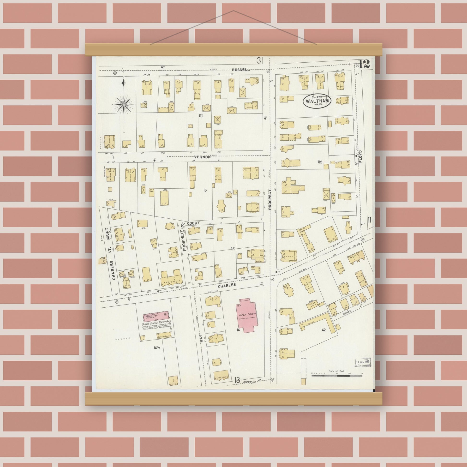 Old map wall art mockup — magnetic wood frame on brick wall — Sanborn Fire Insurance Map from Waltham, Middlesex County, Massachusetts (1897), Sheet #0012