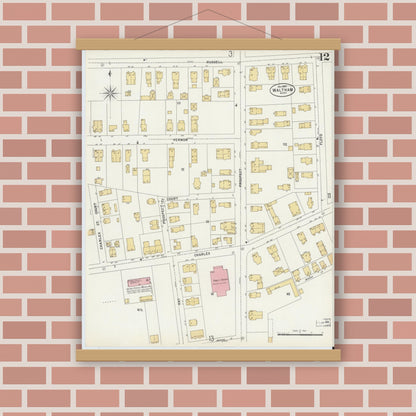 Old map wall art mockup — magnetic wood frame on brick wall — Sanborn Fire Insurance Map from Waltham, Middlesex County, Massachusetts (1897), Sheet #0012
