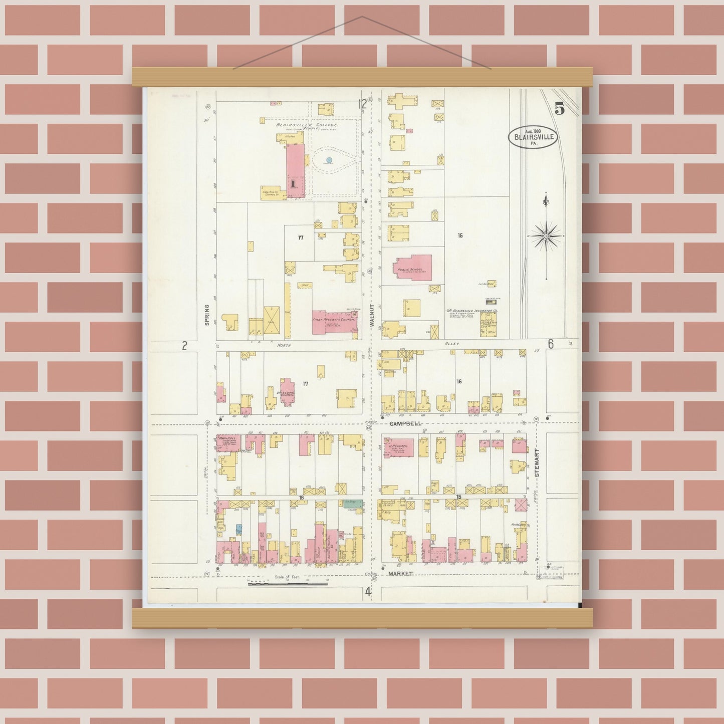 Old map wall art mockup — magnetic wood frame on brick wall — Sanborn Fire Insurance Map from Blairsville, Indiana County, Pennsylvania (1903), Sheet #0005
