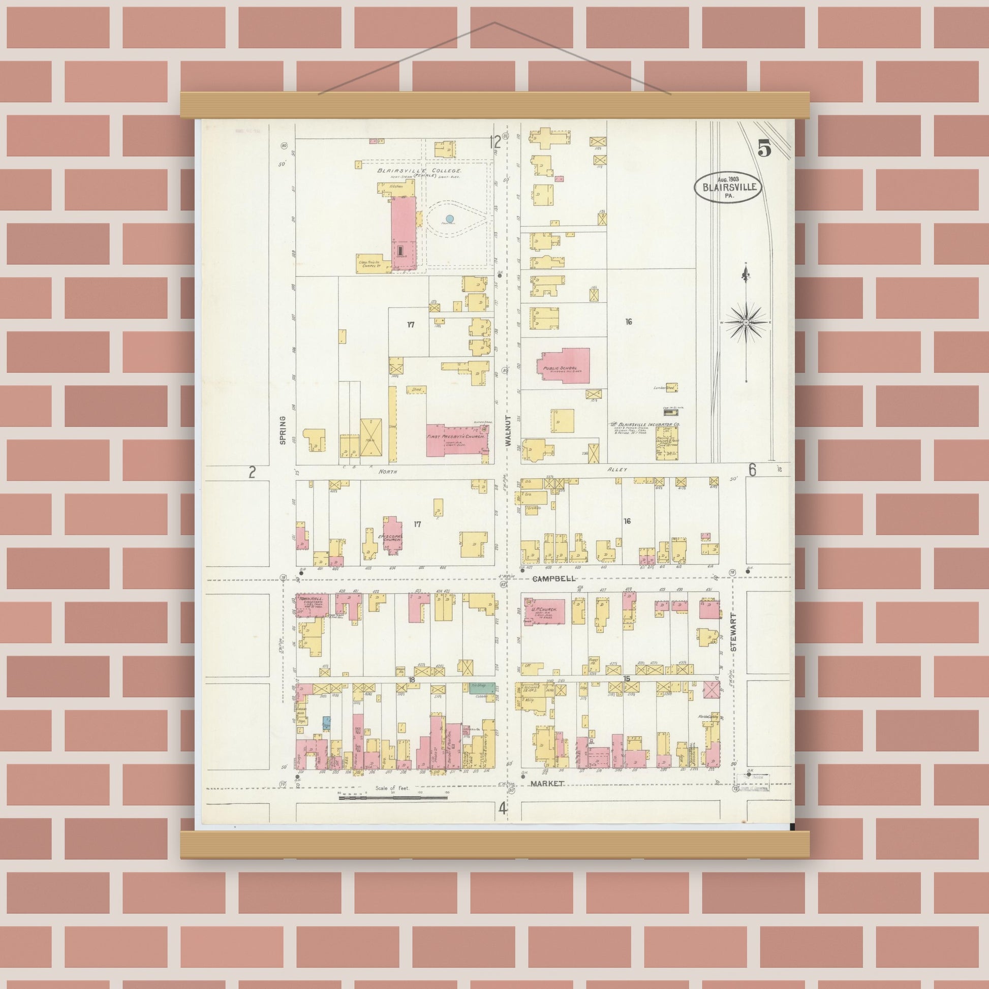 Old map wall art mockup — magnetic wood frame on brick wall — Sanborn Fire Insurance Map from Blairsville, Indiana County, Pennsylvania (1903), Sheet #0005