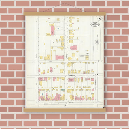 Old map wall art mockup — magnetic wood frame on brick wall — Sanborn Fire Insurance Map from Blairsville, Indiana County, Pennsylvania (1903), Sheet #0005