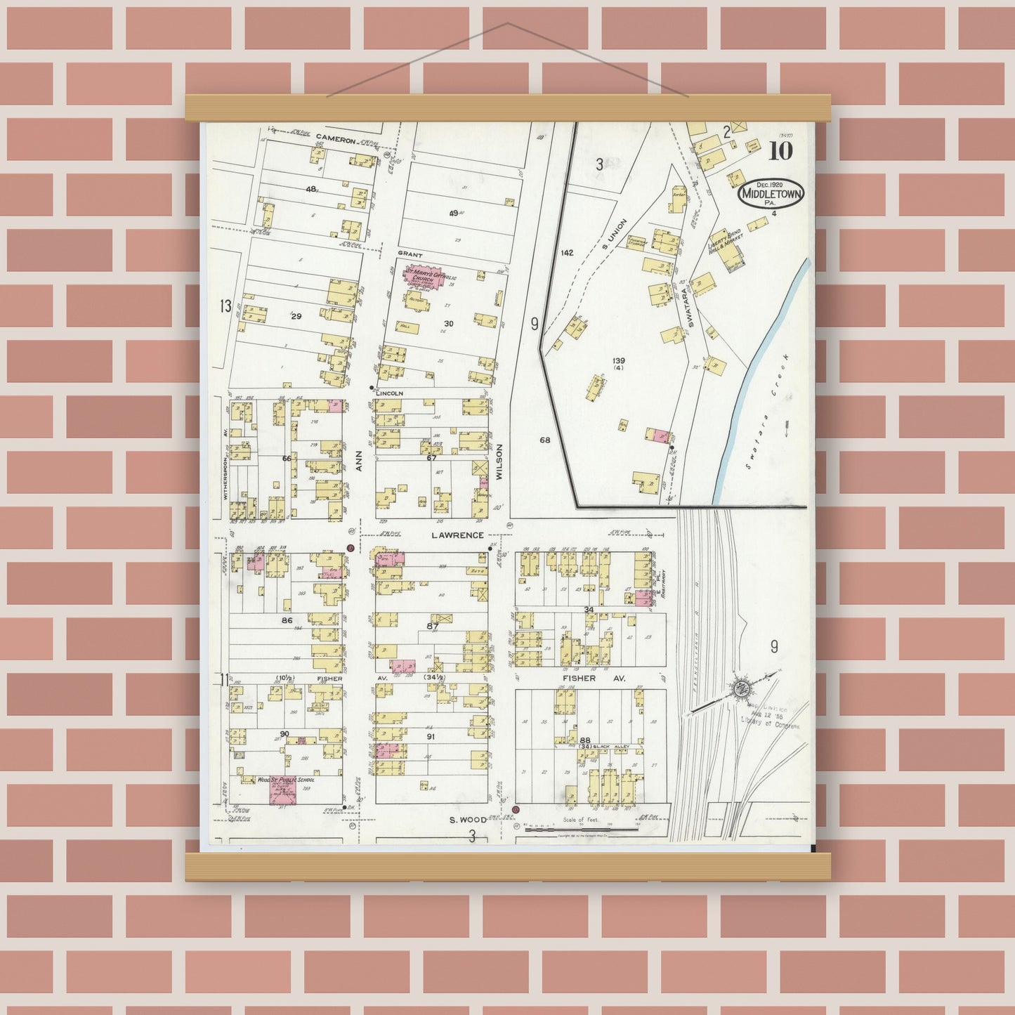 Old map wall art mockup — magnetic wood frame on brick wall — Sanborn Fire Insurance Map from Middletown, Dauphin County, Pennsylvania (1920), Sheet #0010