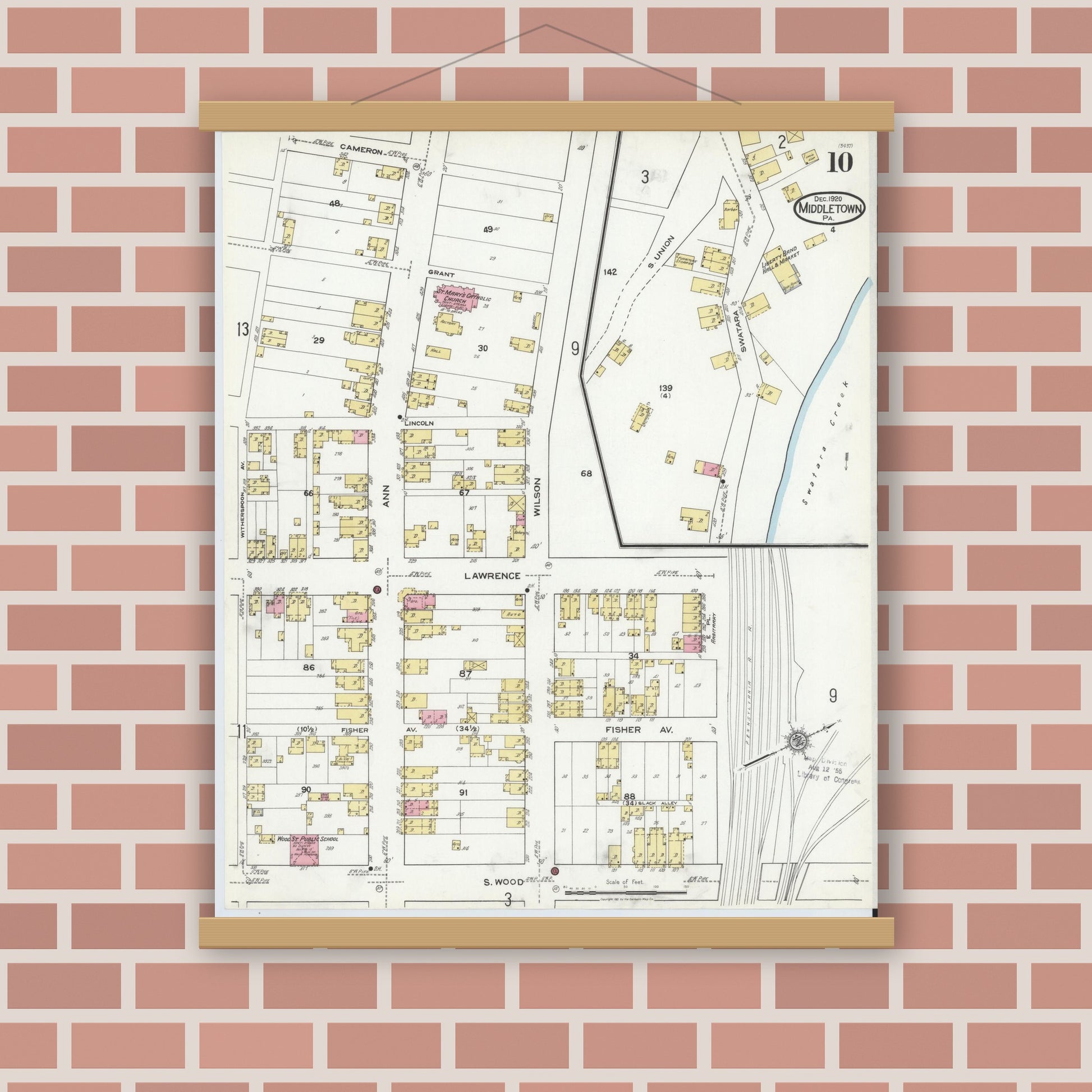 Old map wall art mockup — magnetic wood frame on brick wall — Sanborn Fire Insurance Map from Middletown, Dauphin County, Pennsylvania (1920), Sheet #0010