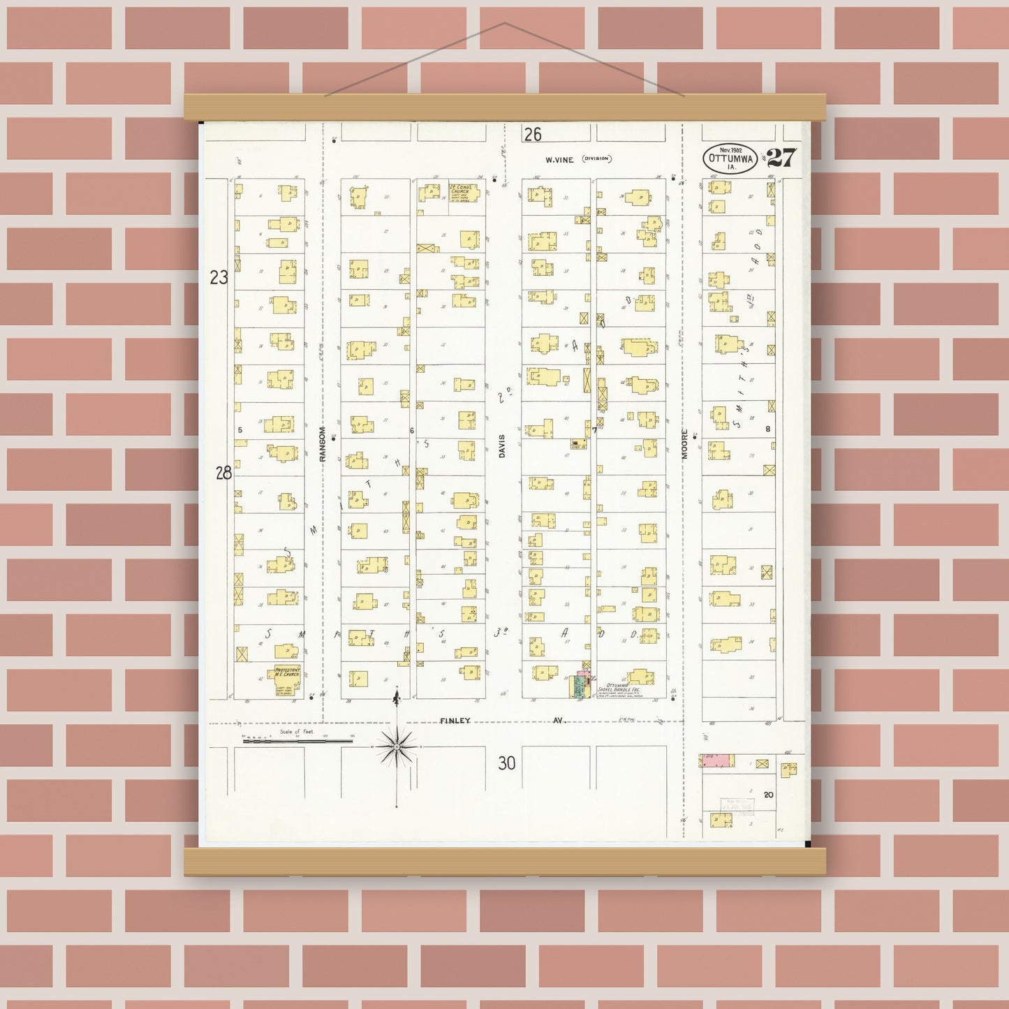 Old map wall art mockup — magnetic wood frame on brick wall — Sanborn Fire Insurance Map from Ottumwa, Wapello County, Iowa (1902), Sheet #0027
