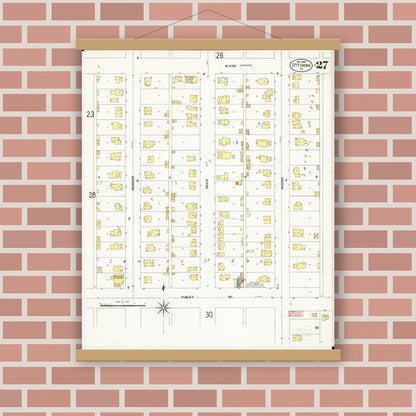 Old map wall art mockup — magnetic wood frame on brick wall — Sanborn Fire Insurance Map from Ottumwa, Wapello County, Iowa (1902), Sheet #0027