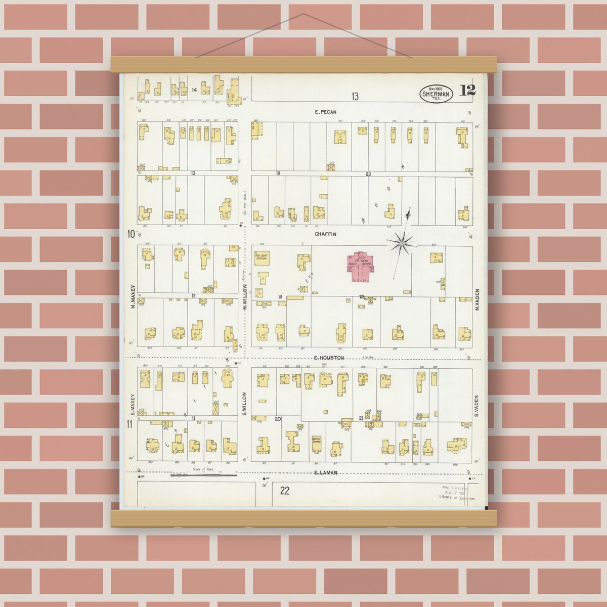 Old map wall art mockup — magnetic wood frame on brick wall — Sanborn Fire Insurance Map from Sherman, Grayson County, Texas (1902), Sheet #0012
