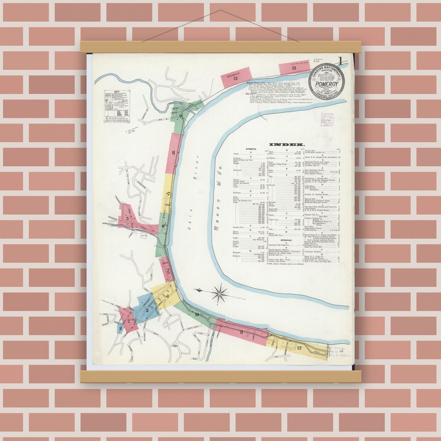 Old map wall art mockup — magnetic wood frame on brick wall — Sanborn Fire Insurance Map from Pomeroy, Meigs County, Ohio (1908), Sheet #0001