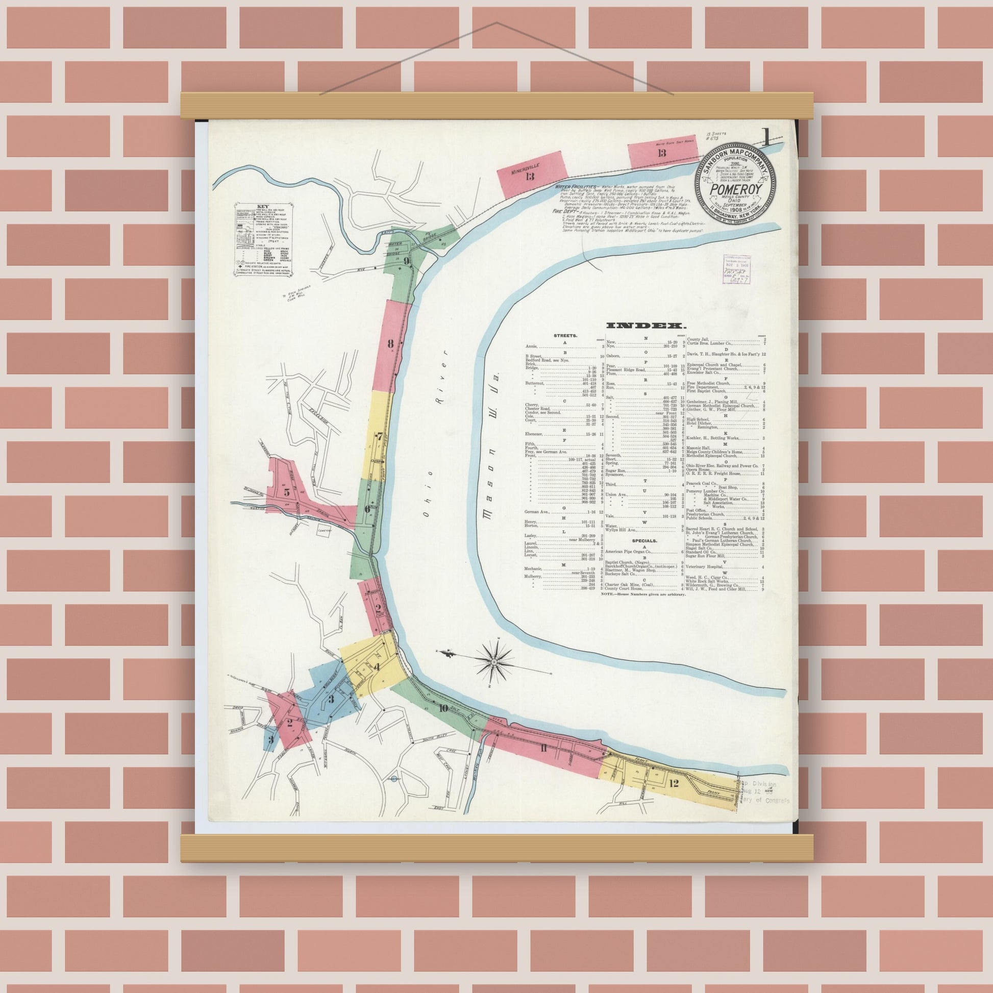 Old map wall art mockup — magnetic wood frame on brick wall — Sanborn Fire Insurance Map from Pomeroy, Meigs County, Ohio (1908), Sheet #0001