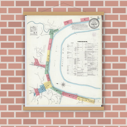 Old map wall art mockup — magnetic wood frame on brick wall — Sanborn Fire Insurance Map from Pomeroy, Meigs County, Ohio (1908), Sheet #0001