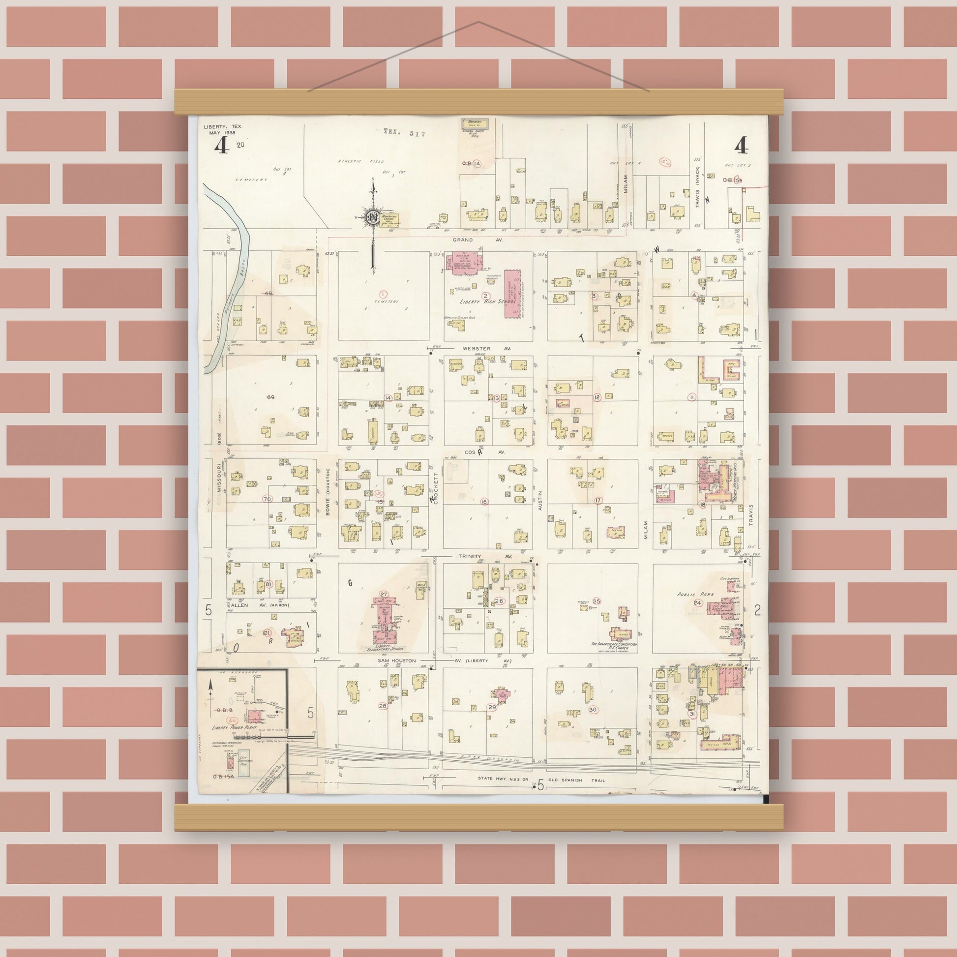 Old map wall art mockup — magnetic wood frame on brick wall — Sanborn Fire Insurance Map from Liberty, Liberty County, Texas (1945), Sheet #0004
