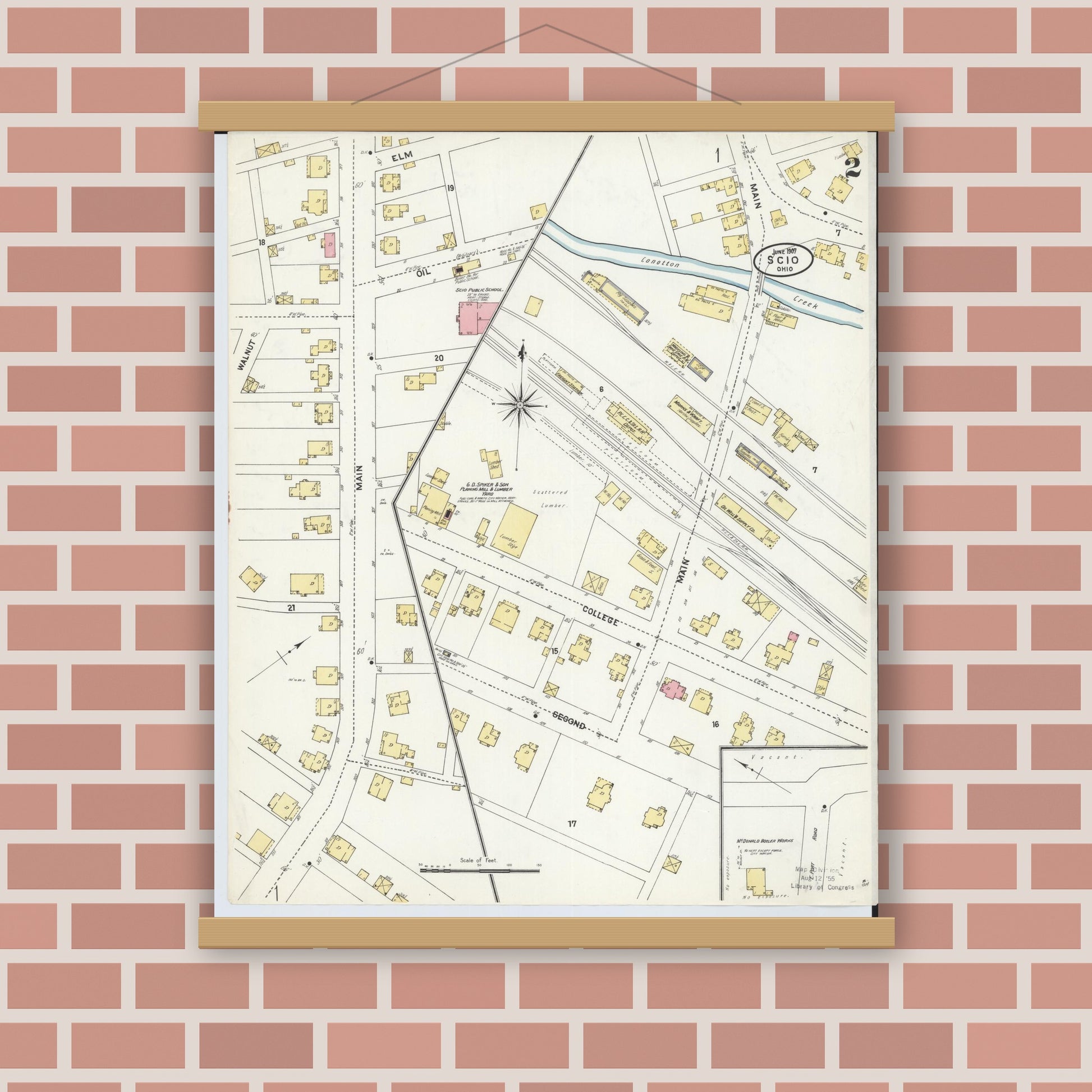 Old map wall art mockup — magnetic wood frame on brick wall — Sanborn Fire Insurance Map from Scio, Harrison County, Ohio (1907), Sheet #0002