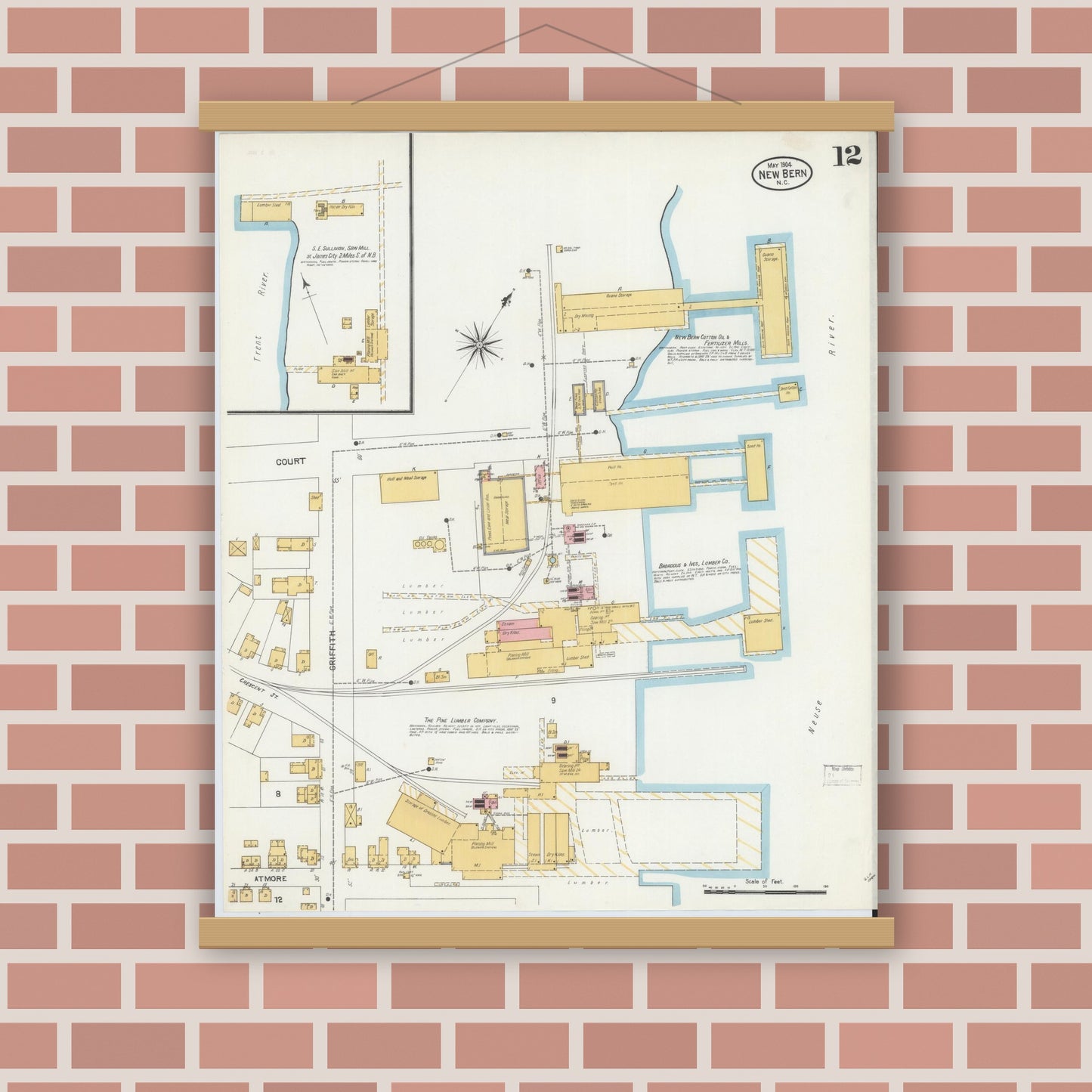 Old map wall art mockup — magnetic wood frame on brick wall — Sanborn Fire Insurance Map from New Bern, Craven County, North Carolina (1904), Sheet #0012