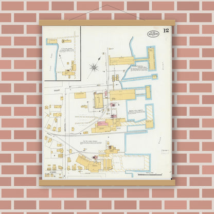 Old map wall art mockup — magnetic wood frame on brick wall — Sanborn Fire Insurance Map from New Bern, Craven County, North Carolina (1904), Sheet #0012