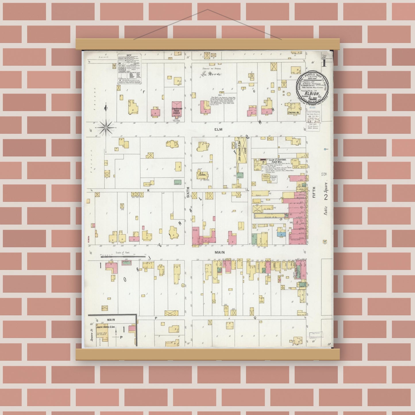 Old map wall art mockup — magnetic wood frame on brick wall — Sanborn Fire Insurance Map from Albion, Edwards County, Illinois (1900), Sheet #0001