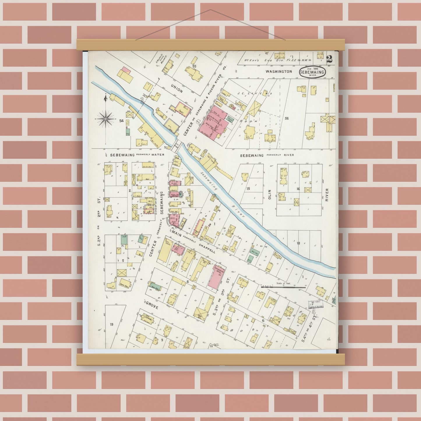 Old map wall art mockup — magnetic wood frame on brick wall — Sanborn Fire Insurance Map from Sebewaing, Huron County, Michigan (1895), Sheet #0002