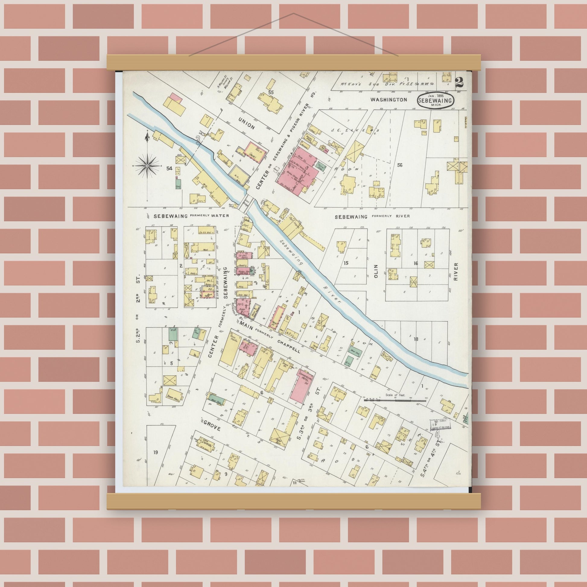 Old map wall art mockup — magnetic wood frame on brick wall — Sanborn Fire Insurance Map from Sebewaing, Huron County, Michigan (1895), Sheet #0002