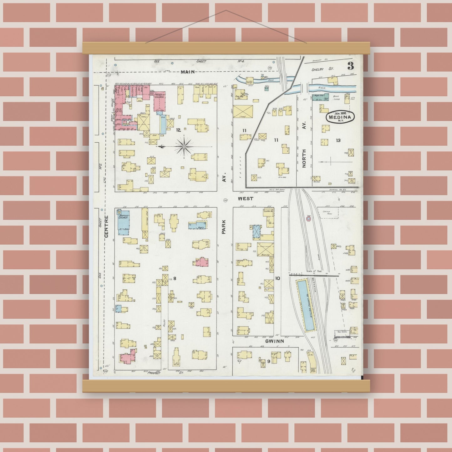 Old map wall art mockup — magnetic wood frame on brick wall — Sanborn Fire Insurance Map from Medina, Orleans County, New York (1892), Sheet #0003
