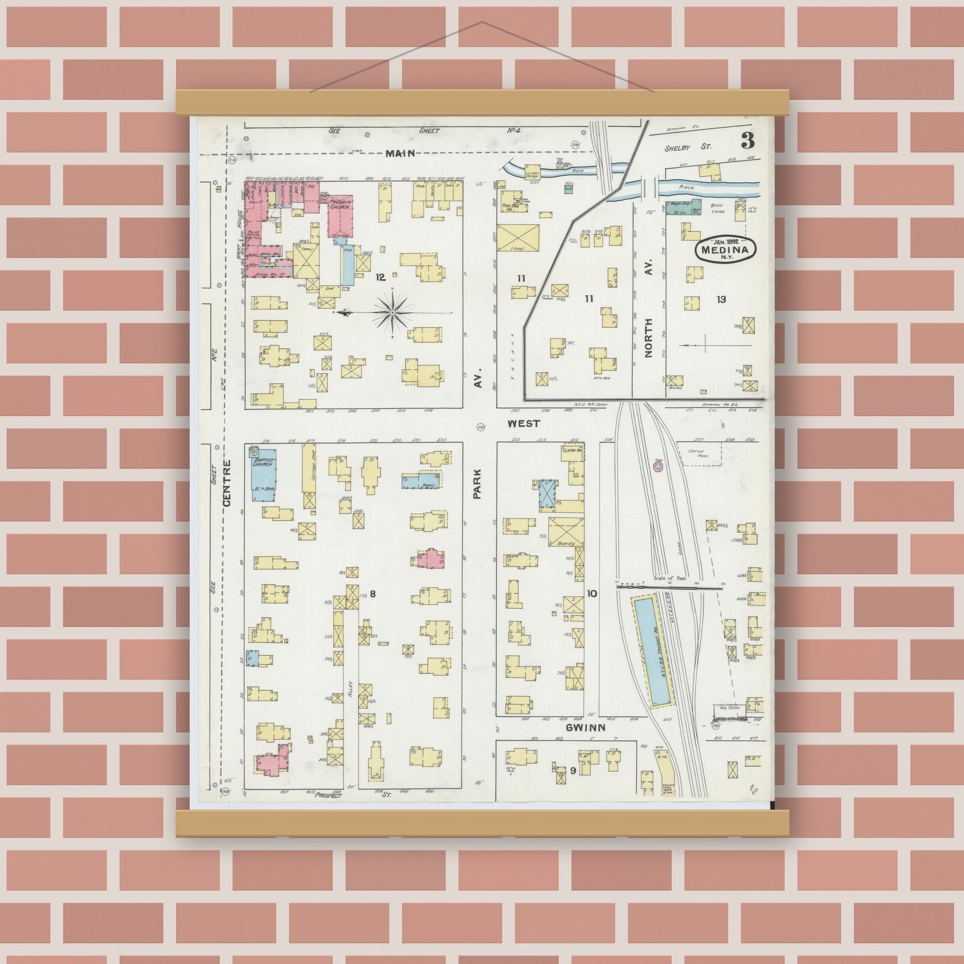 Old map wall art mockup — magnetic wood frame on brick wall — Sanborn Fire Insurance Map from Medina, Orleans County, New York (1892), Sheet #0003