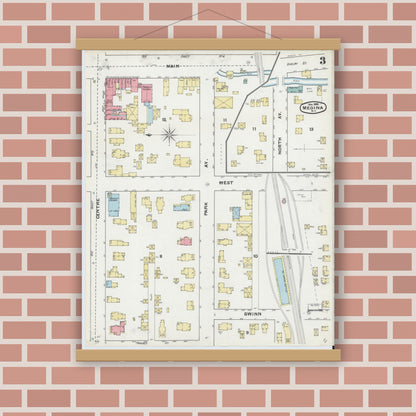 Old map wall art mockup — magnetic wood frame on brick wall — Sanborn Fire Insurance Map from Medina, Orleans County, New York (1892), Sheet #0003