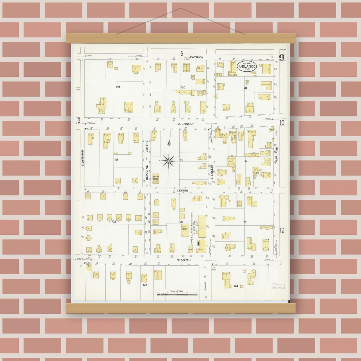 Old map wall art mockup — magnetic wood frame on brick wall — Sanborn Fire Insurance Map from Orlando, Orange County, Florida (1908), Sheet #0009