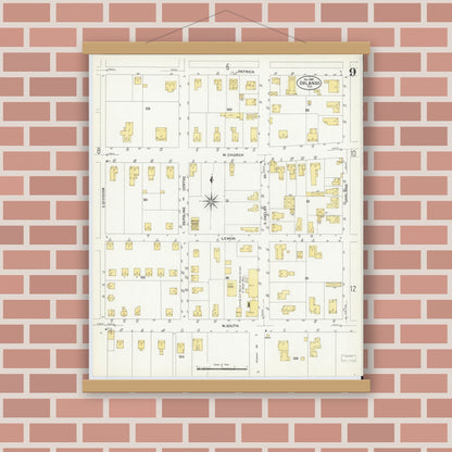 Old map wall art mockup — magnetic wood frame on brick wall — Sanborn Fire Insurance Map from Orlando, Orange County, Florida (1908), Sheet #0009