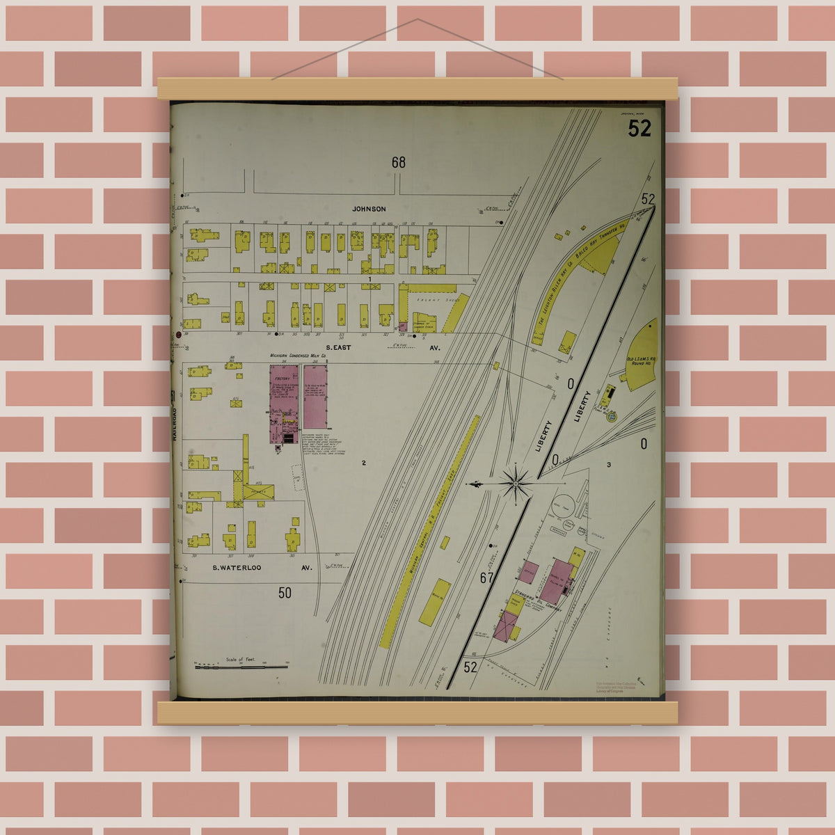 Old map wall art mockup — magnetic wood frame on brick wall — Sanborn Fire Insurance Map from Jackson, Jackson County, Michigan (1907), Sheet #0052