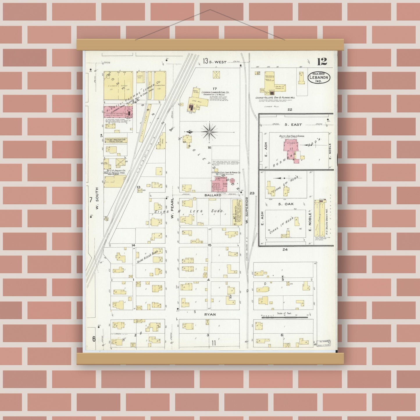 Old map wall art mockup — magnetic wood frame on brick wall — Sanborn Fire Insurance Map from Lebanon, Boone County, Indiana (1909), Sheet #0012