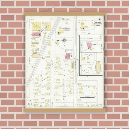 Old map wall art mockup — magnetic wood frame on brick wall — Sanborn Fire Insurance Map from Lebanon, Boone County, Indiana (1909), Sheet #0012