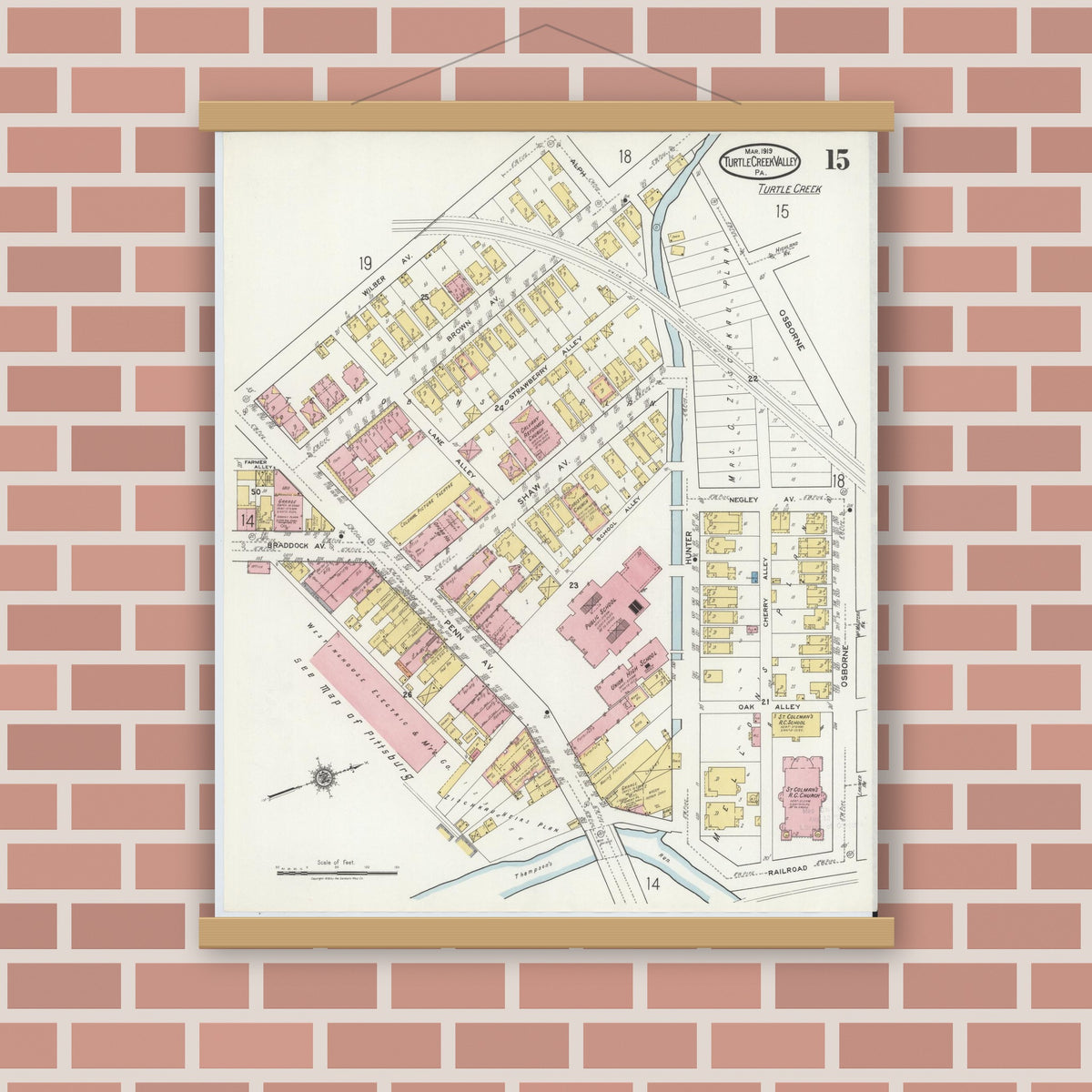 Old map wall art mockup — magnetic wood frame on brick wall — Sanborn Fire Insurance Map from Turtle Creek Valley, Allegheny County, Pennsylvania (1919), Sheet #0015