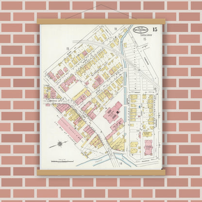Old map wall art mockup — magnetic wood frame on brick wall — Sanborn Fire Insurance Map from Turtle Creek Valley, Allegheny County, Pennsylvania (1919), Sheet #0015