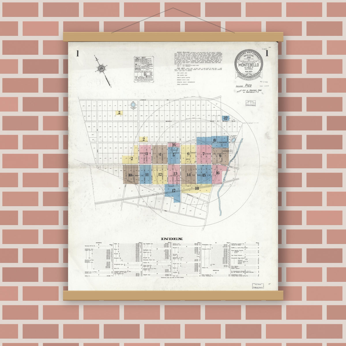 Old map wall art mockup — magnetic wood frame on brick wall — Sanborn Fire Insurance Map from Montebello, Los Angeles County, California (1925) - Complete Map Set