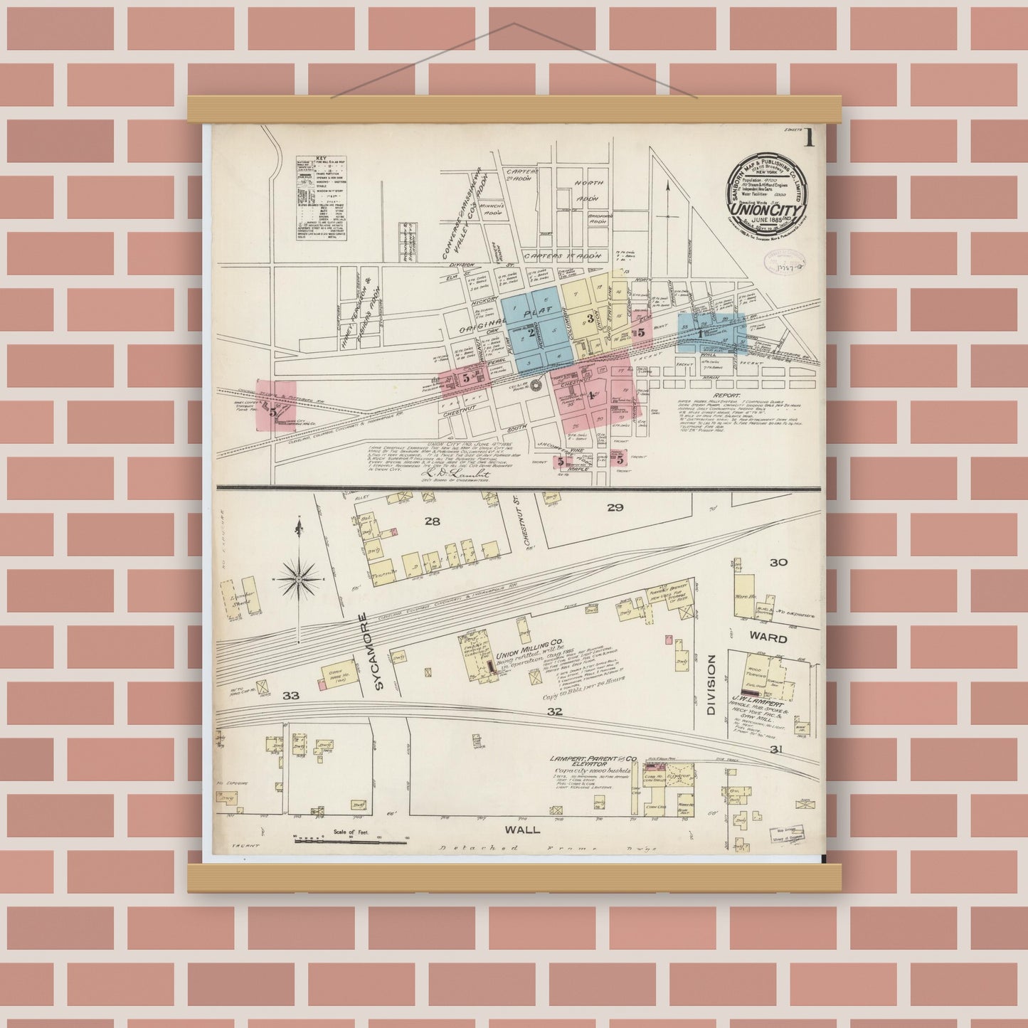 Old map wall art mockup — magnetic wood frame on brick wall — Sanborn Fire Insurance Map from Union City, Randolph County, Indiana (1885) - Complete Map Set