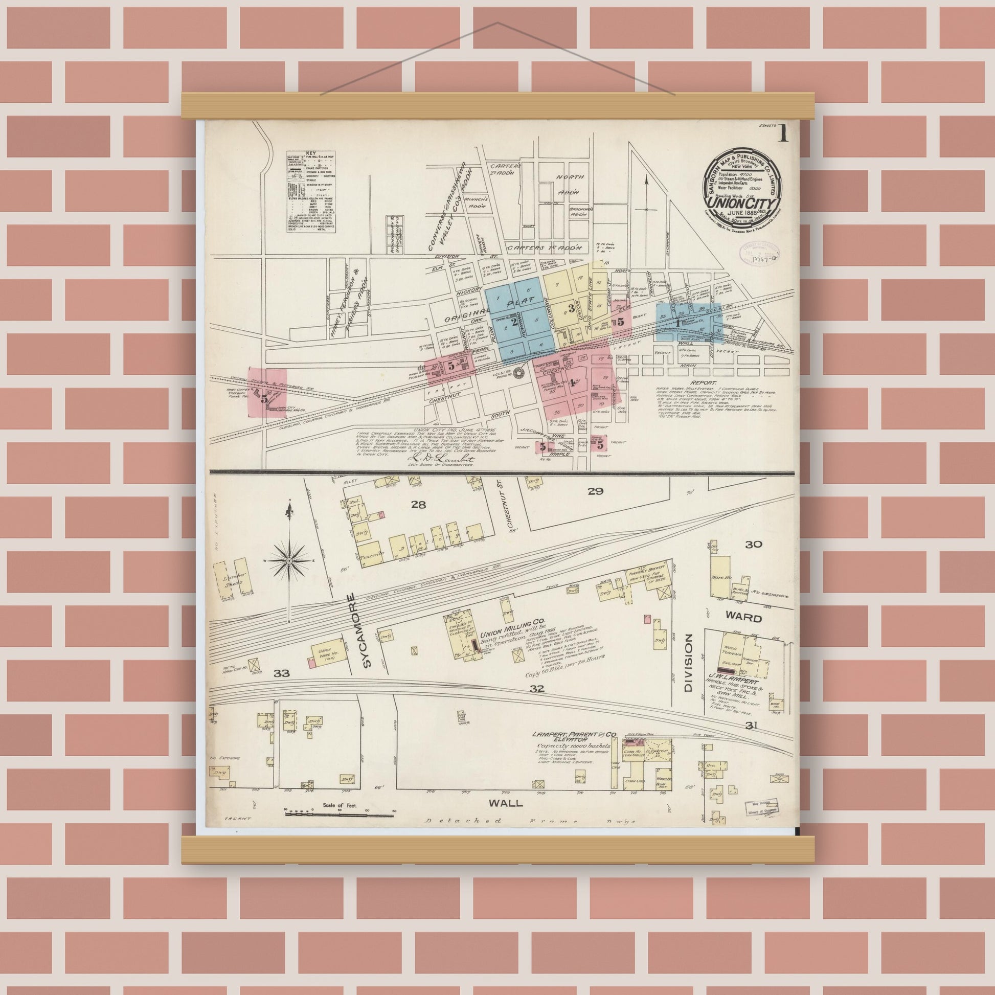 Old map wall art mockup — magnetic wood frame on brick wall — Sanborn Fire Insurance Map from Union City, Randolph County, Indiana (1885) - Complete Map Set