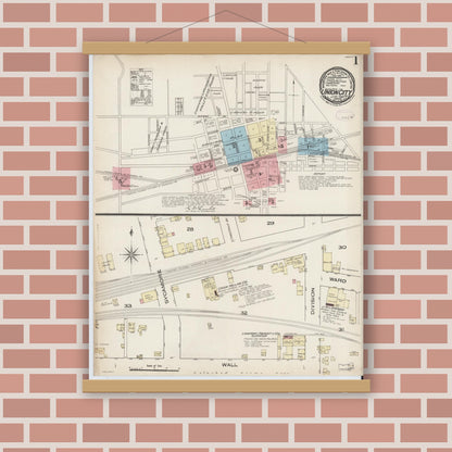 Old map wall art mockup — magnetic wood frame on brick wall — Sanborn Fire Insurance Map from Union City, Randolph County, Indiana (1885) - Complete Map Set