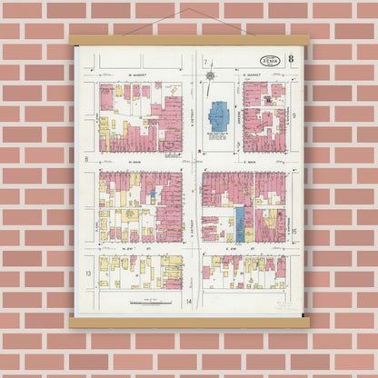 Old map wall art mockup — magnetic wood frame on brick wall — Sanborn Fire Insurance Map from Xenia, Greene County, Ohio (1919), Sheet #0008