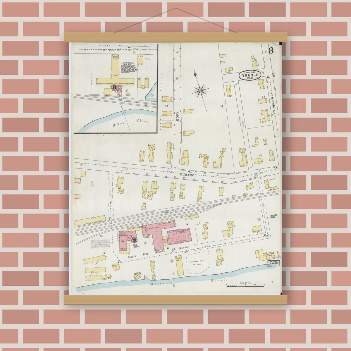 Old map wall art mockup — magnetic wood frame on brick wall — Sanborn Fire Insurance Map from Orange, Franklin County, Massachusetts (1895), Sheet #0008