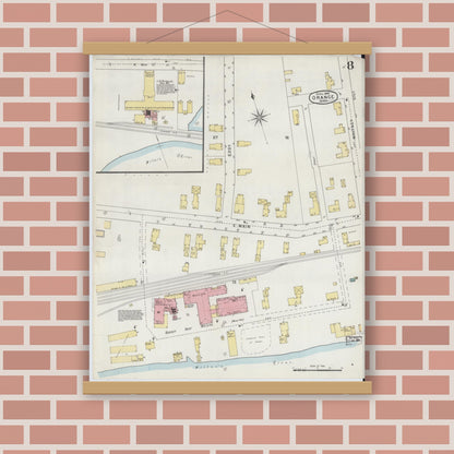 Old map wall art mockup — magnetic wood frame on brick wall — Sanborn Fire Insurance Map from Orange, Franklin County, Massachusetts (1895), Sheet #0008