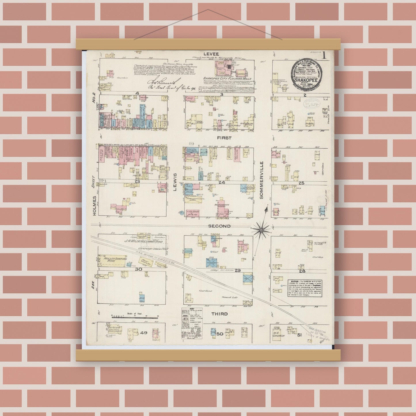 Old map wall art mockup — magnetic wood frame on brick wall — Sanborn Fire Insurance Map from Shakopee, Scott County, Minnesota (1884) - Complete Map Set