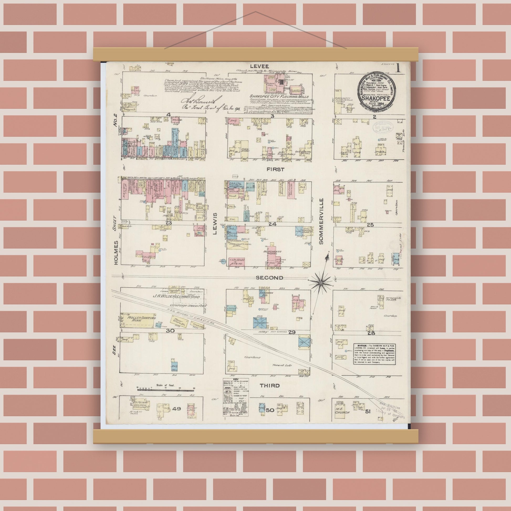 Old map wall art mockup — magnetic wood frame on brick wall — Sanborn Fire Insurance Map from Shakopee, Scott County, Minnesota (1884) - Complete Map Set