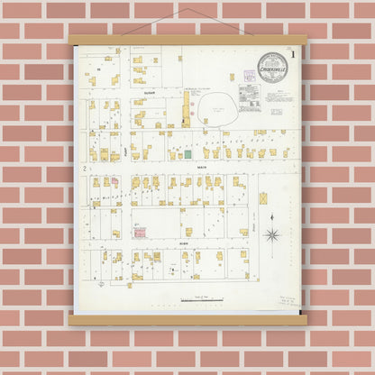 Old map wall art mockup — magnetic wood frame on brick wall — Sanborn Fire Insurance Map from Cridersville, Auglaize County, Ohio (1904), Sheet #0001