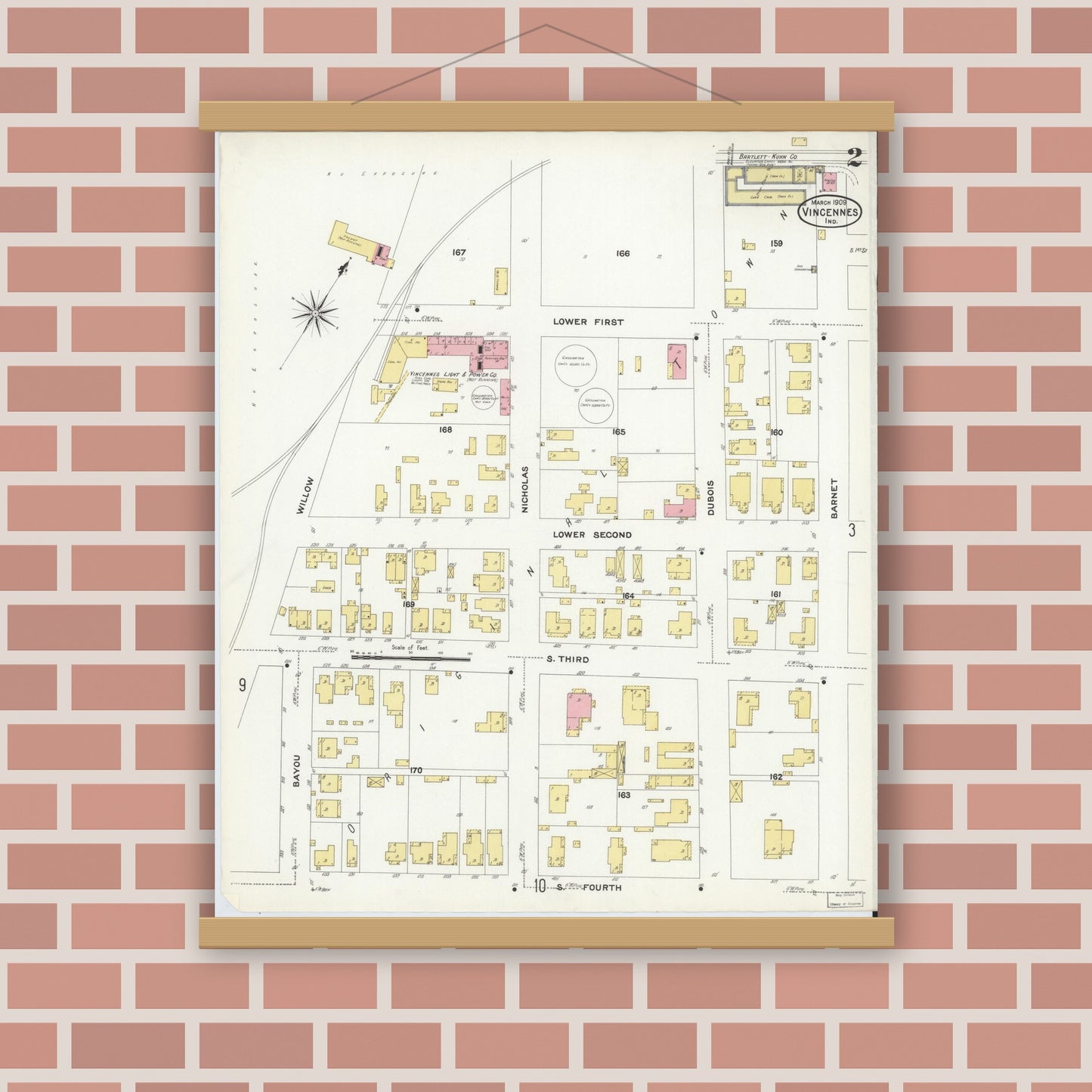 Old map wall art mockup — magnetic wood frame on brick wall — Sanborn Fire Insurance Map from Vincennes, Knox County, Indiana (1909), Sheet #0002