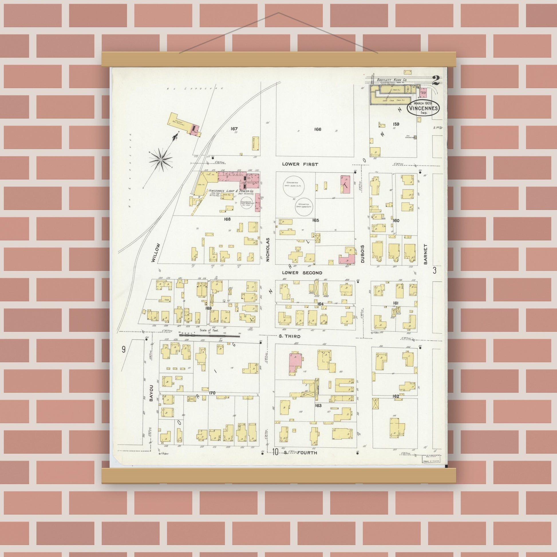 Old map wall art mockup — magnetic wood frame on brick wall — Sanborn Fire Insurance Map from Vincennes, Knox County, Indiana (1909), Sheet #0002