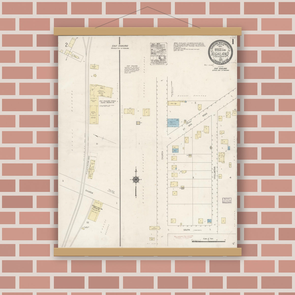 Old map wall art mockup — magnetic wood frame on brick wall — Sanborn Fire Insurance Map from Highland, San Bernardino County, California (1918), Sheet #0001